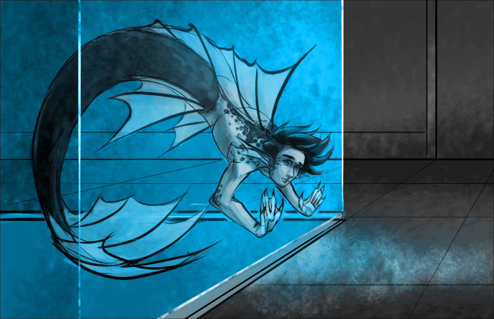 a trapped merboy in a glass cage