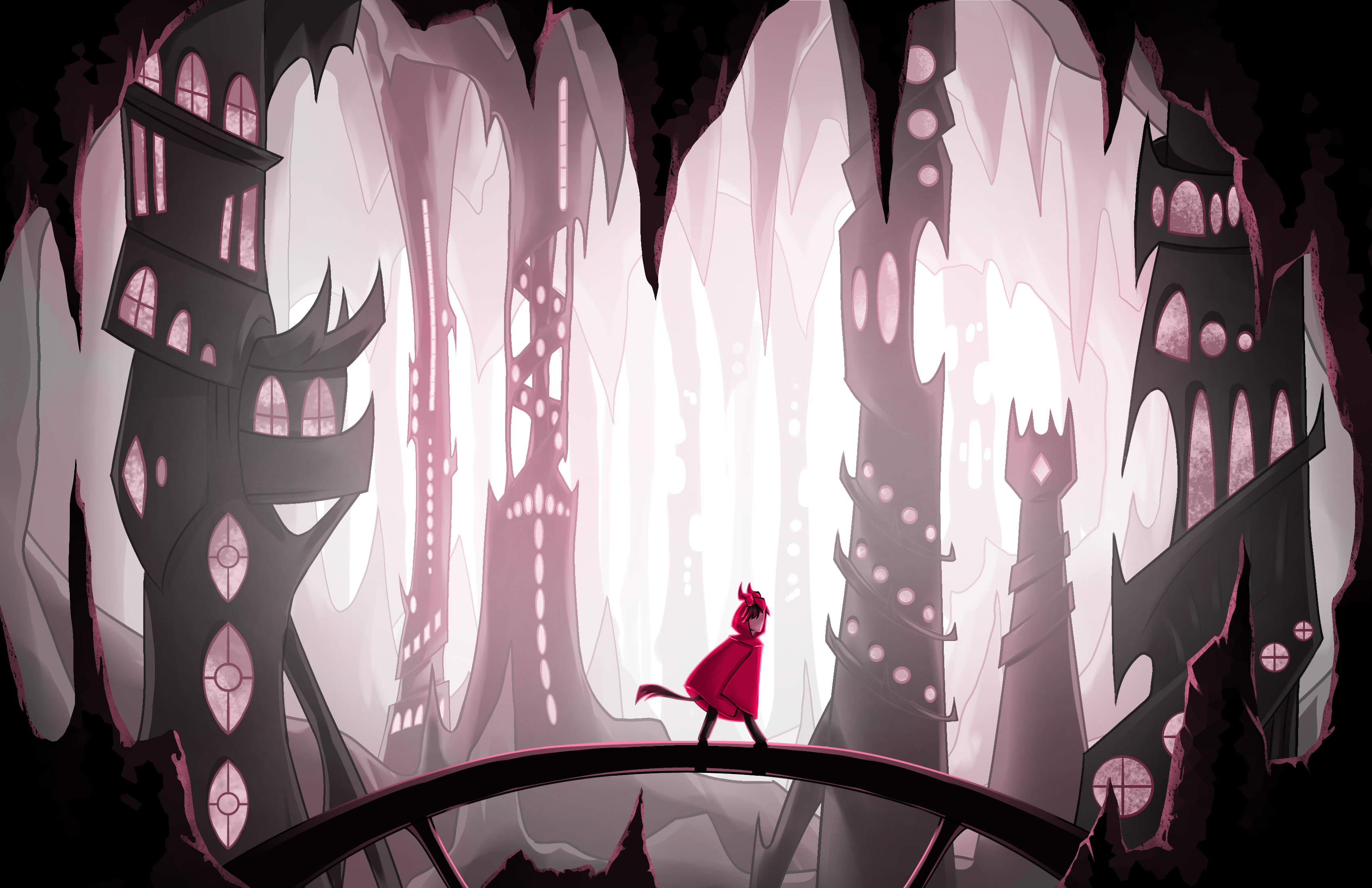 person walking on a bridge in a cave